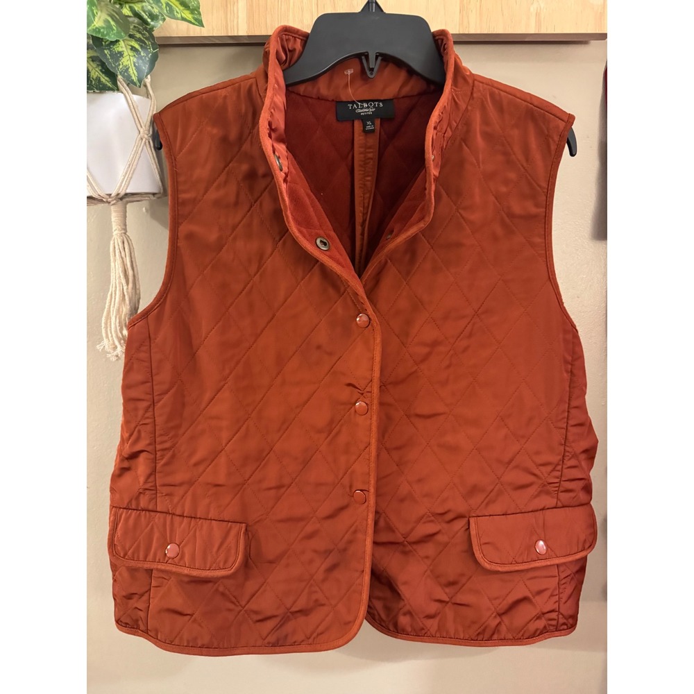 Talbots Women XL Petite Burnt Orange Quilted Fleece Lined Snap Front Vest